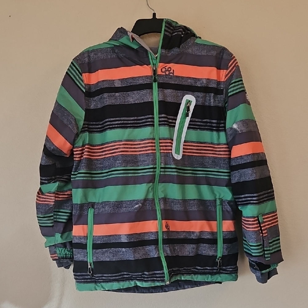 Youth Large 686 Snow Coat Striped Hooded Jacket with‎ Green and Orange Accents